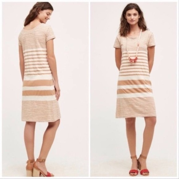 Maeve Anthropologie Dresses & Skirts - Maeve Anthropologie Large Haven Shift Dress Knee Length Midi Tan Cream Striped